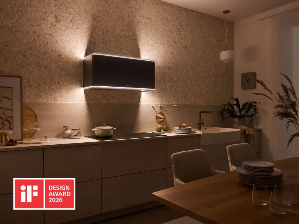 Curveline wall-mounted hood. A chimney-less designer hood for modern kitchen architecture - awarded with the iF Design Award 2026. 1